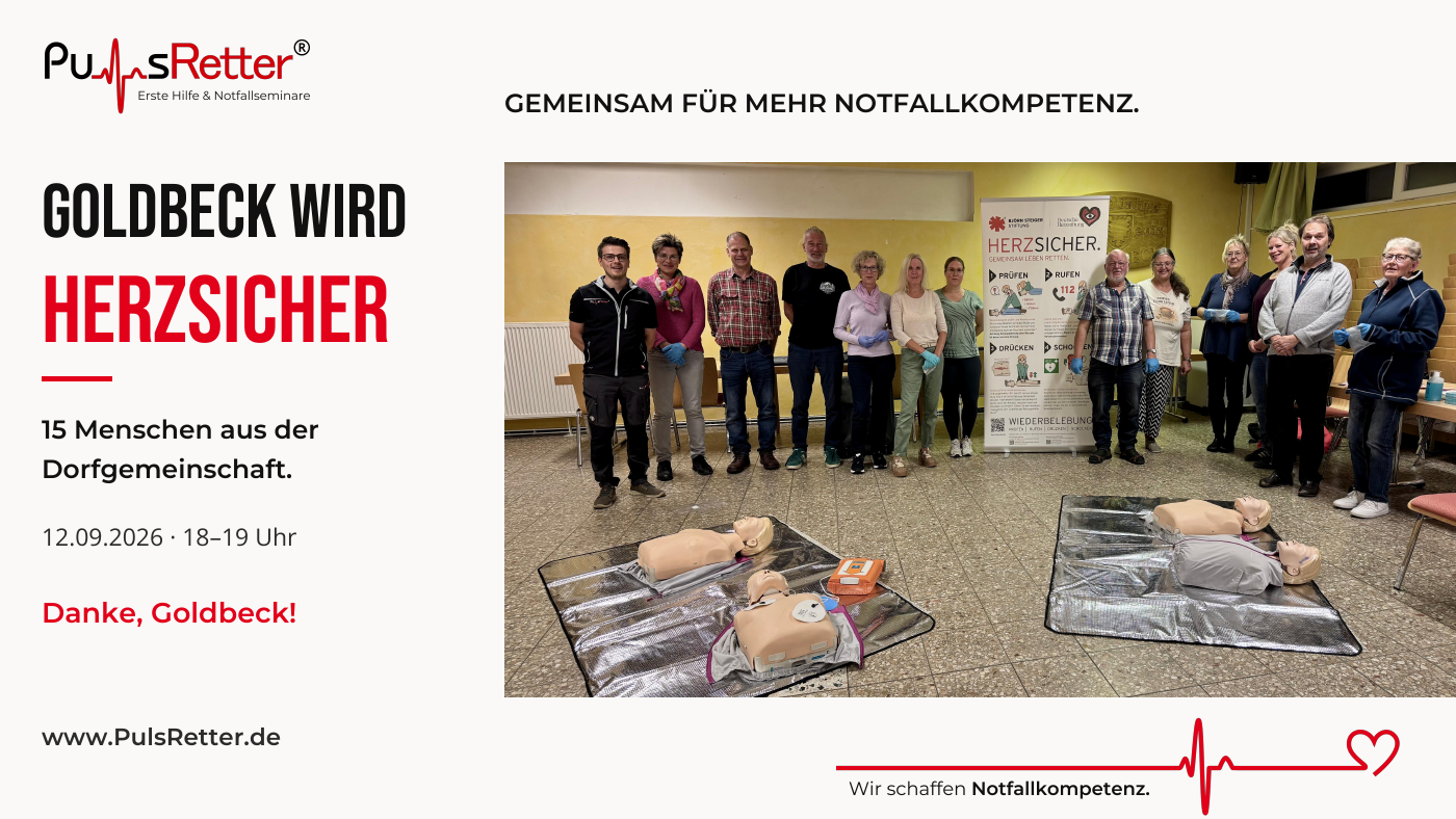 Gruppenfoto vom HERZSICHER-Kurs mit Menschen aus der Dorfgemeinschaft Goldbeck am 12. September 2026, mit Übungspuppen und AED-Trainingsgerät.