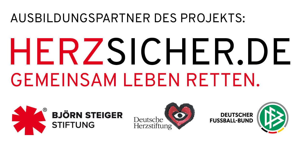 Ausbildungspartner des Projekts HERZSICHER – Partnergrafik der Björn Steiger Stiftung, Deutschen Herzstiftung und des DFB
