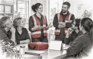 Ein Team bespricht die Erste-Hilfe-Organisation im Betrieb – KI-Illustration.