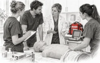Ein Praxisteam bespricht die Aufgaben beim Notfalltraining mit einer Übungspuppe – KI-Illustration.