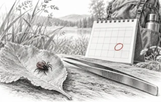 Zecke, spitze Pinzette und Kalender zur Beobachtung nach einem Zeckenstich – KI-Illustration.