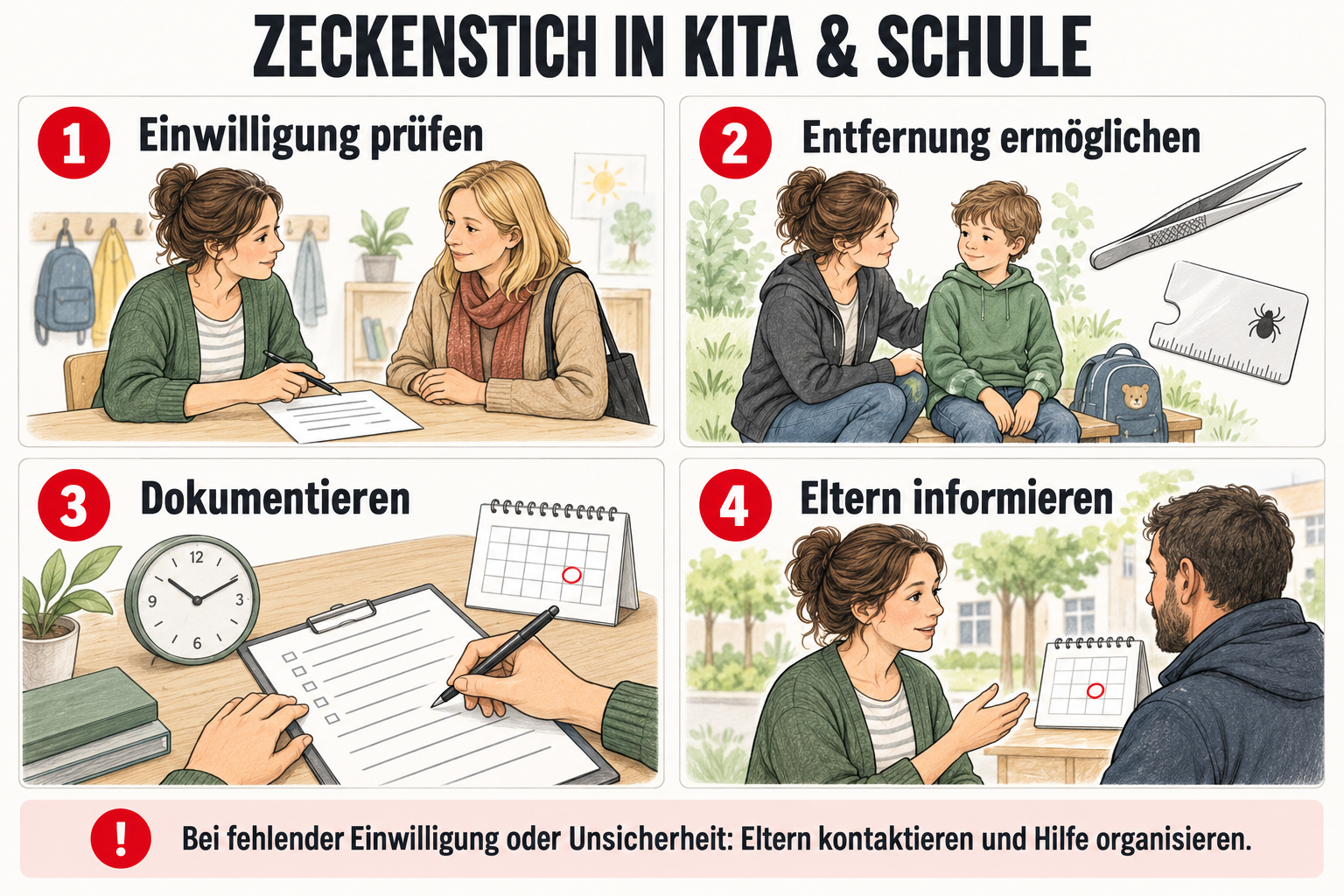 Zeckenstich in Kita und Schule: Einwilligung prüfen, Entfernung ermöglichen, dokumentieren und Eltern informieren. Bei fehlender Einwilligung oder Unsicherheit Eltern kontaktieren und Hilfe organisieren.