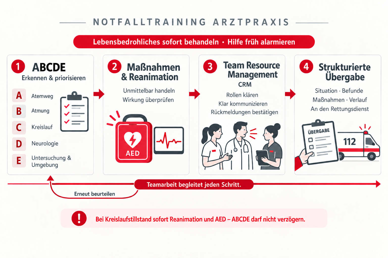 pulsretter-arztpraxis-abcde-crm Notfalltraining in der Arztpraxis: ABCDE, Maßnahmen und Reanimation, Team Resource Management sowie strukturierte Übergabe an den Rettungsdienst.